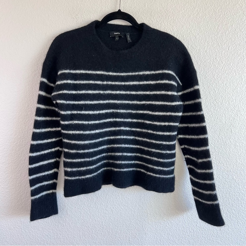 Theory Chunky Striped Charle Wool Sweater Black White Crewneck Knit Pullover‎